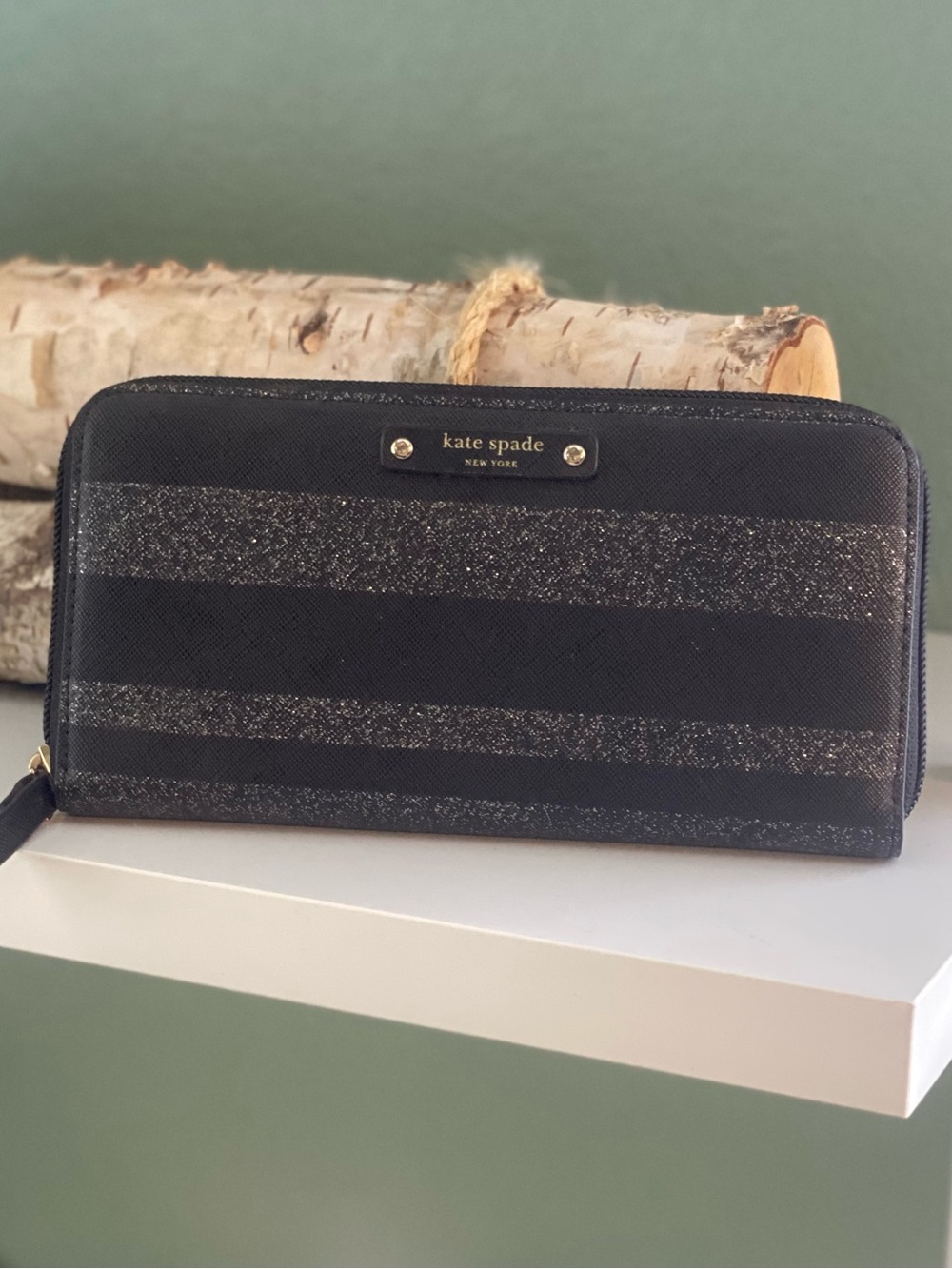 kate spade Black Glitter Stripe Zip Wallet